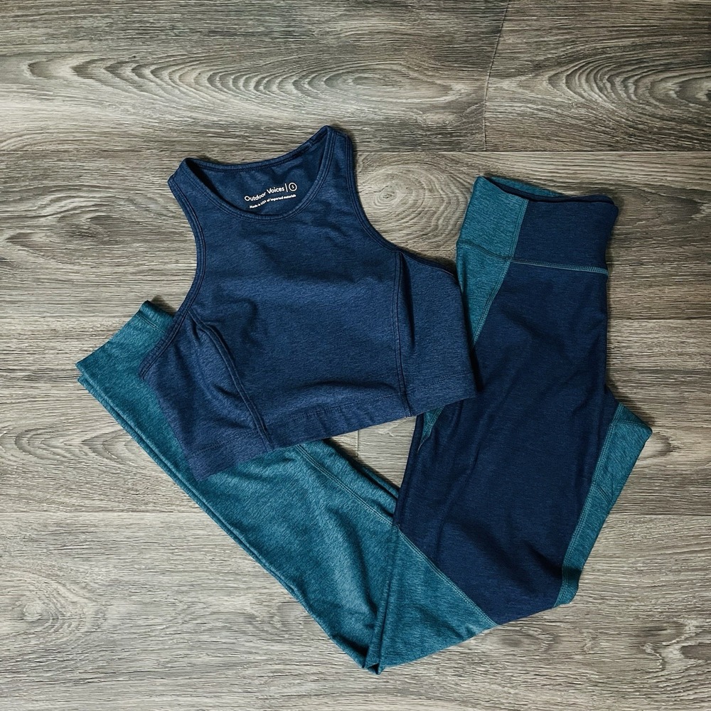 Outdoor Voices Women's Sz S High Waist  2 Piece Legging Set Blue & Green